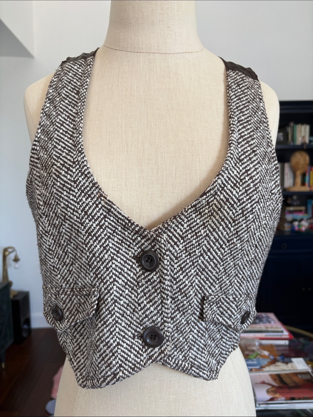 Vintage Last Kiss Cropped Herringbone Button Front Vest - Brown & Cream size S